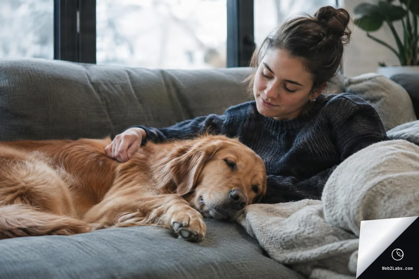 Woman sitting on a gray couch pets a sleeping golden retriever lying beside her near a window, with a blanket in the foreground.