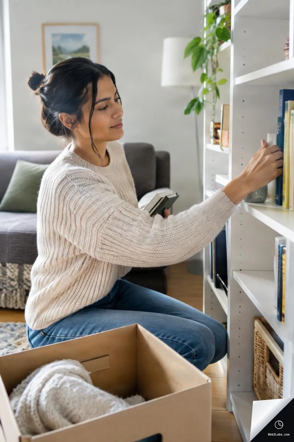Woman kneels beside a white bookshelf in a bright living room, holding a couple of books and placing another on the shelf, with an open cardboard box on the floor in front of her.