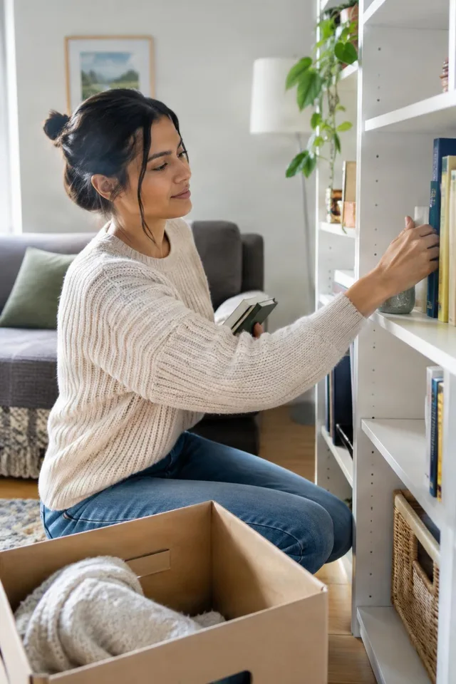 Woman Tidying Home Bookshelf
