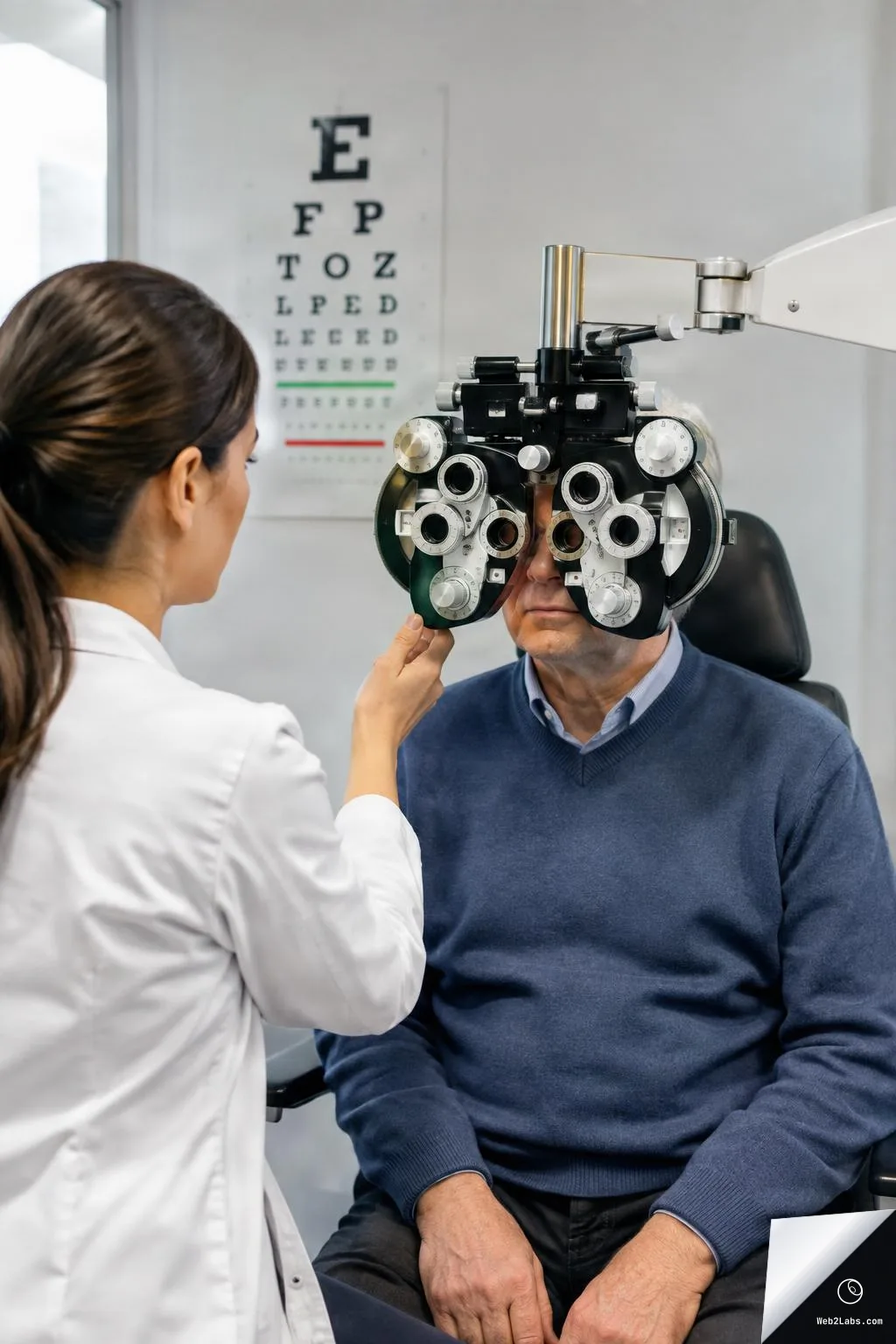An optometrist in a white coat adjusts a phoropter on a seated middle-aged man during an eye exam in a clinic, with a blurred eye chart on the wall behind them.