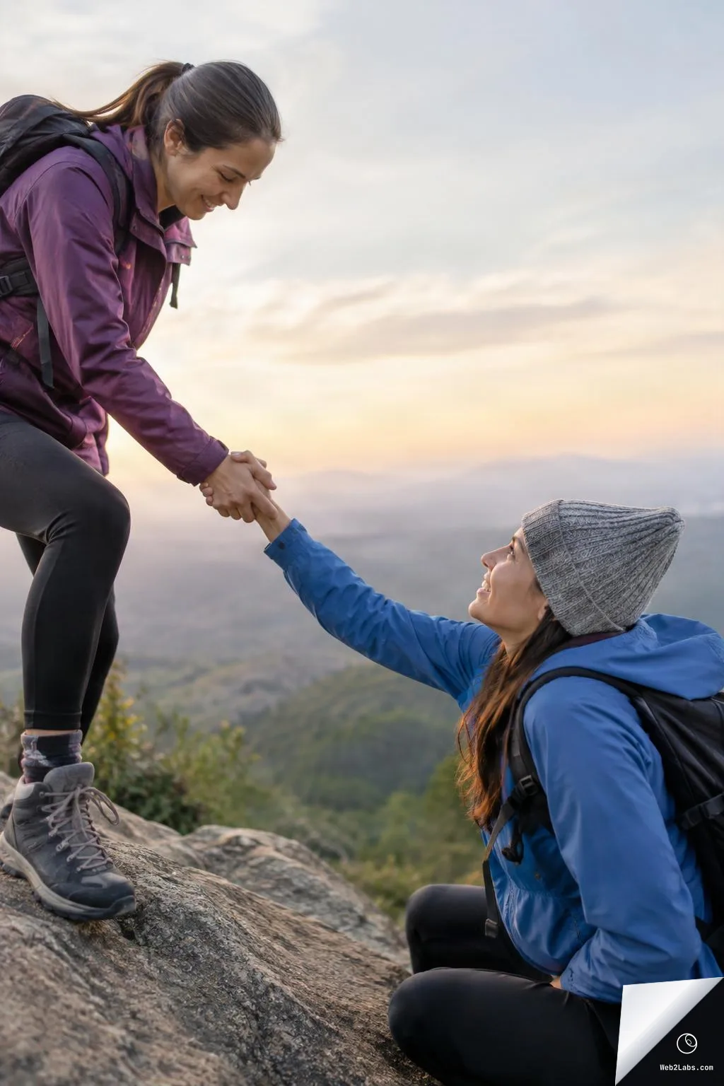 Two women hikers on a rocky ledge at sunrise, one standing and reaching down to pull the other up by the hand, with a mountain valley in the background.