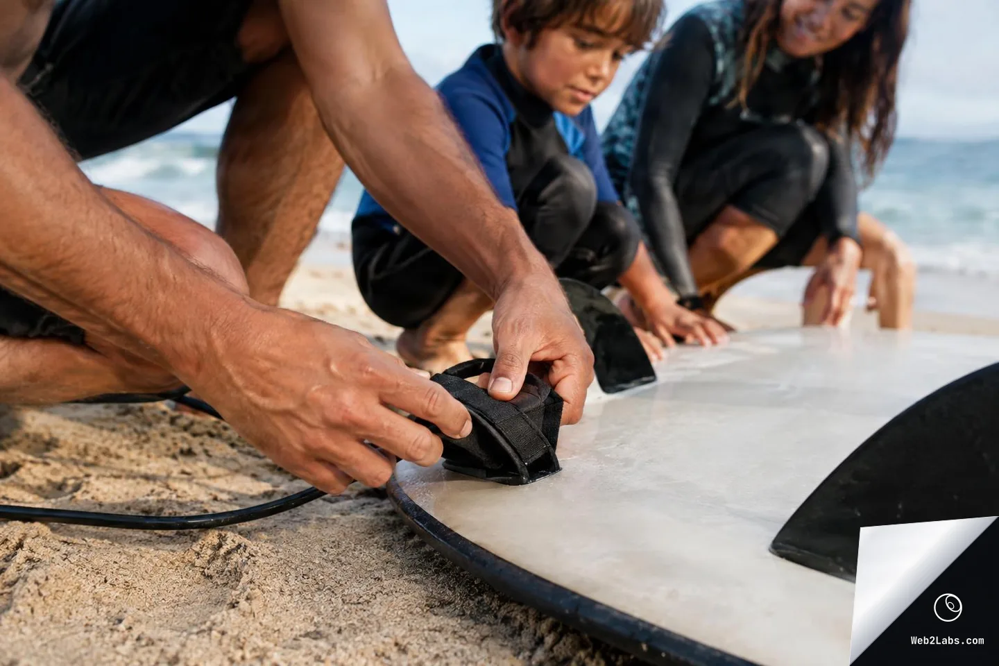 Close view of an adult's hands fastening a surfboard leash attachment on a surfboard on the sand, with a child and another adult in wetsuits kneeling behind near the shoreline.