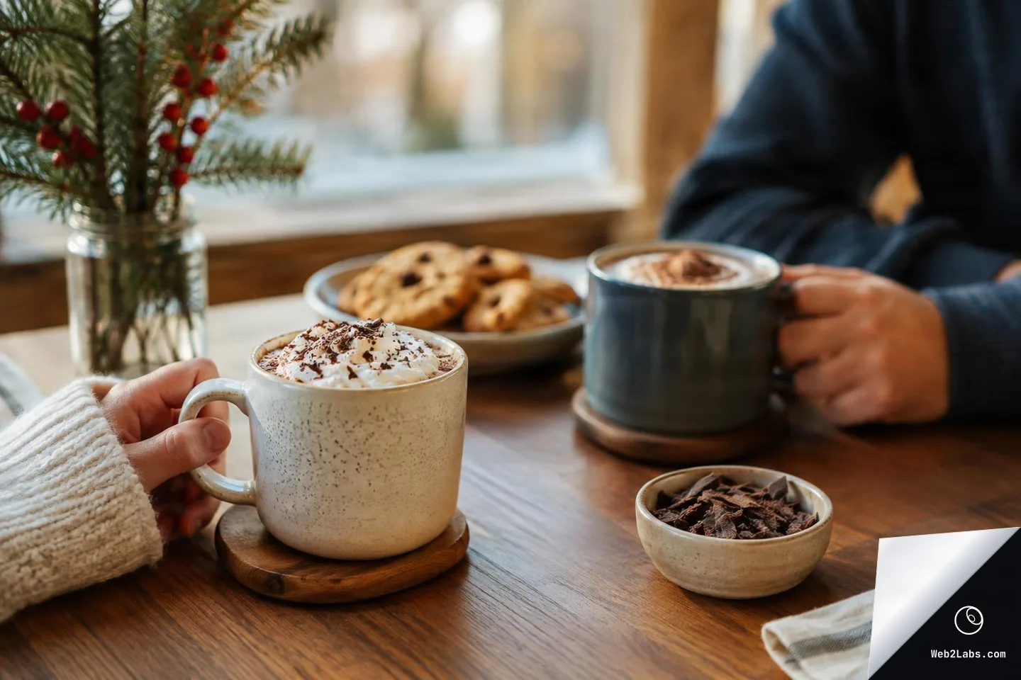 Two people holding ceramic mugs of hot drinks on a wooden table near a window, with whipped cream and cocoa on one mug, cookies on a plate in the background, a small bowl of chocolate shavings, and a jar with evergreen sprigs and red berries.