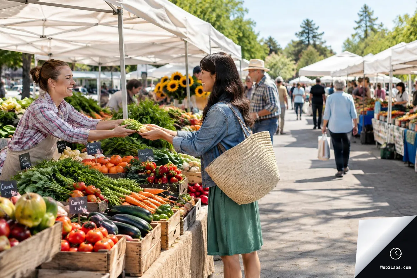 A smiling vendor hands a bunch of carrots to a woman with a large woven tote at an outdoor farmers market stall filled with vegetables, with other shoppers and white canopy tents in the background.