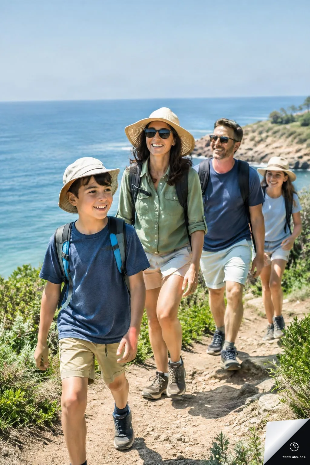 Smiling family of four hiking on a dirt trail along a seaside cliff, wearing sun hats and backpacks with the ocean in the background.