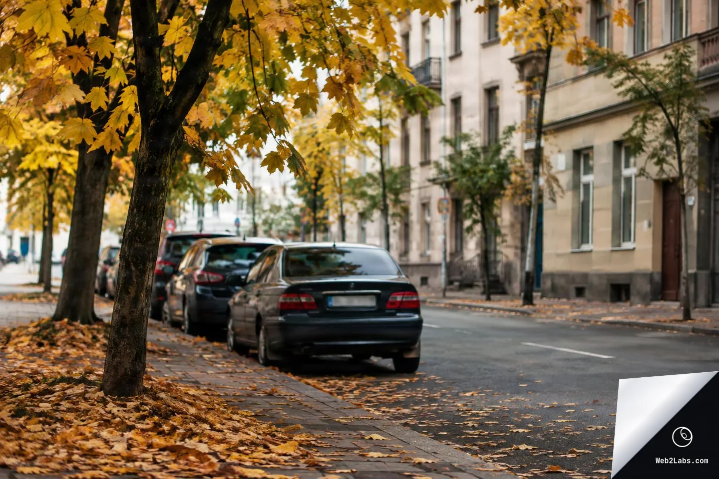 Residential street in autumn with yellow maple leaves overhead, fallen leaves on the sidewalk and curb, and several parked cars beside older apartment buildings.