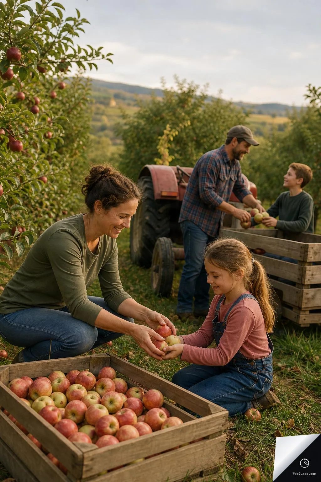 A woman hands apples to a young girl beside a wooden crate filled with apples in an orchard, while a man and boy load apples near a tractor in the background under a cloudy sky.