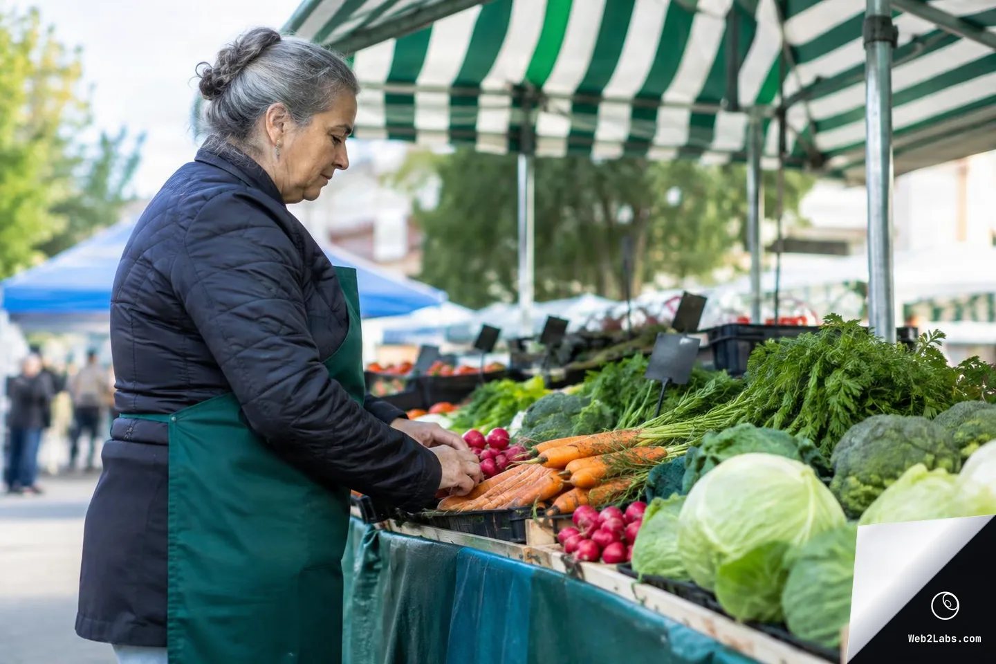 Side view of an older woman in a green apron arranging carrots and radishes on a vegetable market stall under a green-and-white striped canopy.
