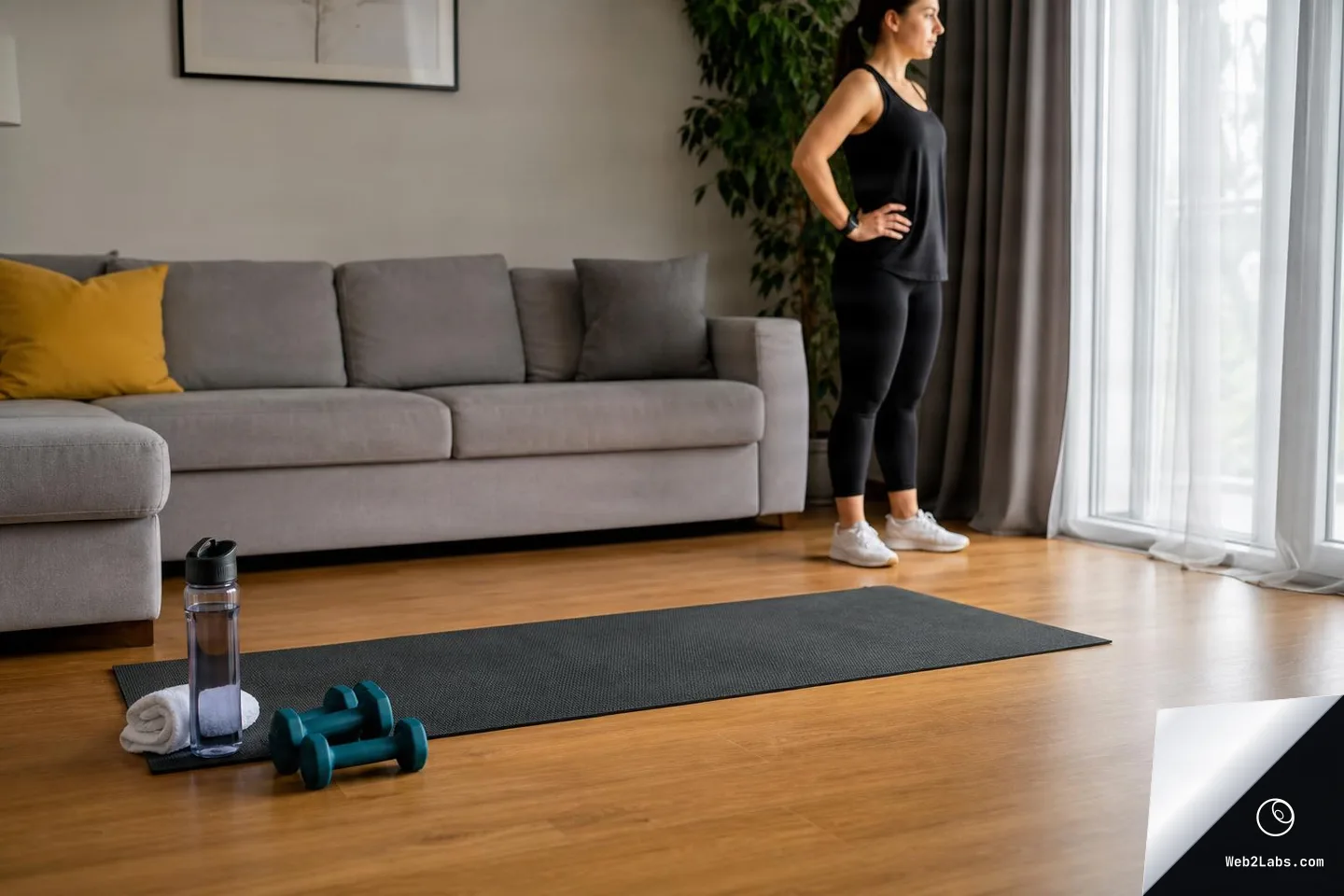 Woman in black workout clothes stands by a window in a living room next to a yoga mat with dumbbells, a towel, and a water bottle on the floor.