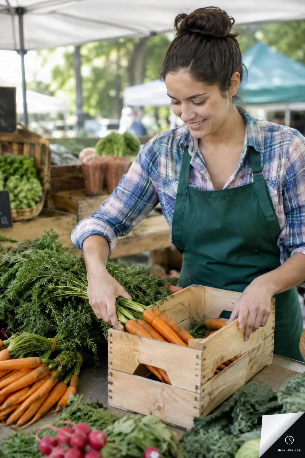 Smiling farmers market vendor in a green apron packing bunches of carrots into a wooden crate at an outdoor produce stall.