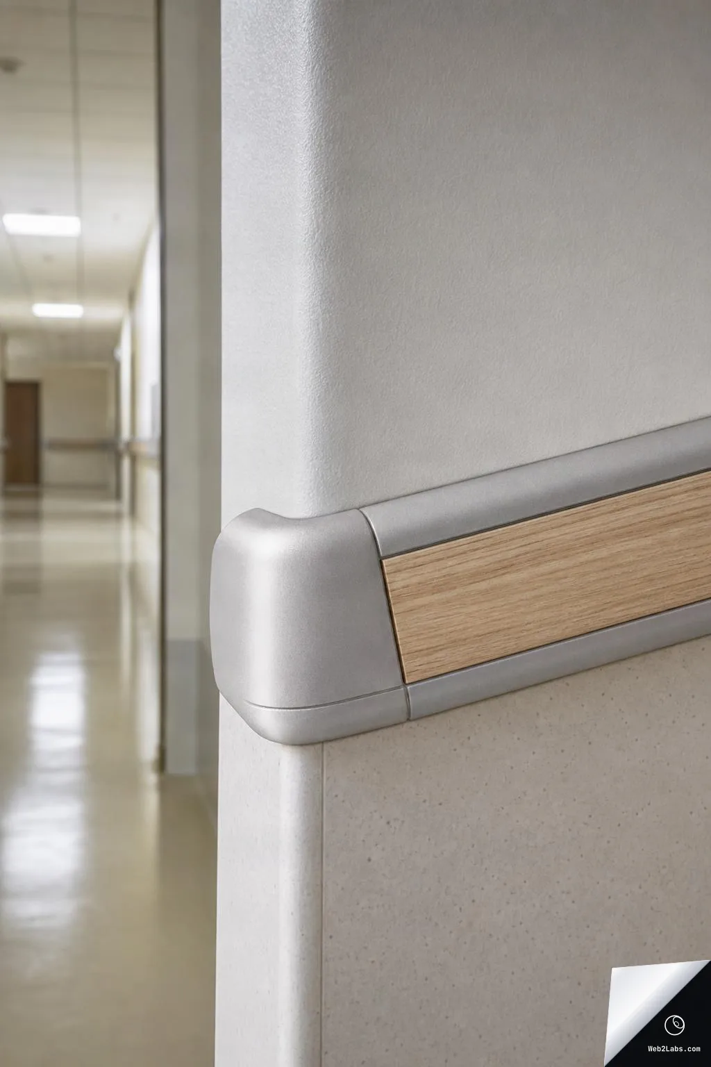 Close-up of a hospital corridor wall corner showing a silver and wood-tone protective handrail, with a softly blurred hallway and ceiling lights in the background.