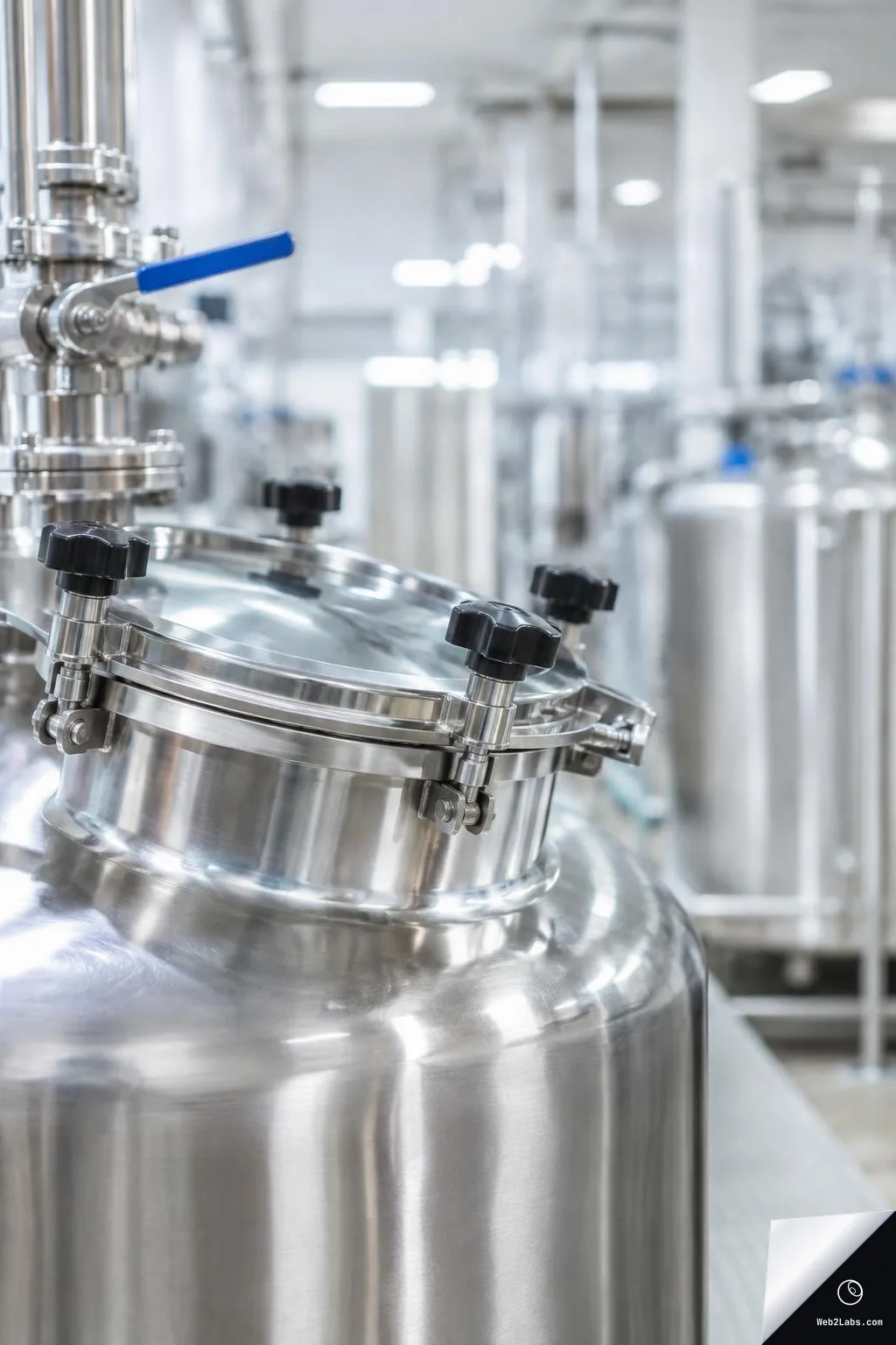 Close-up of a stainless-steel industrial tank lid with black hand knobs, metal clamps, and a blue-handled valve inside a bright clean manufacturing facility, with blurred equipment in the background.