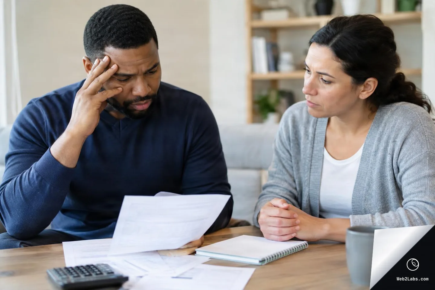 A stressed man holds his forehead while reading a bill at a table with scattered papers and a calculator, as a woman sits рядом looking concerned and supportive in a bright home interior.