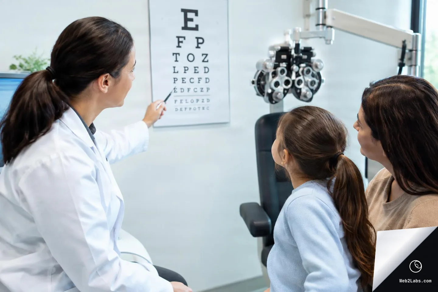 An optometrist in a white coat points at an eye chart while a child and her mother sit and look at the chart in an exam room with a phoropter behind them.