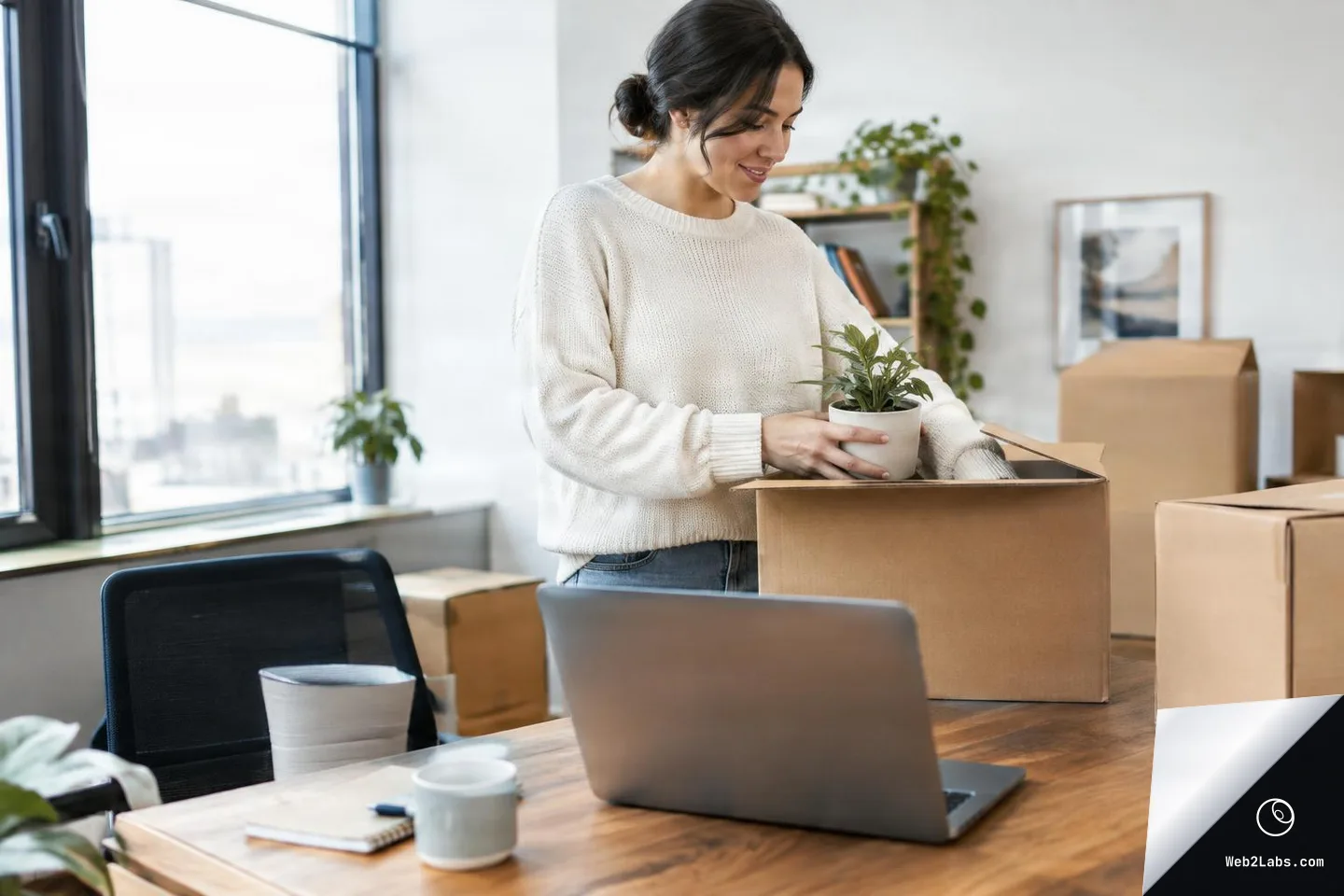 Woman unpacking a potted plant from a cardboard moving box on a wooden desk with a laptop, in a bright room with large windows and more boxes in the background.