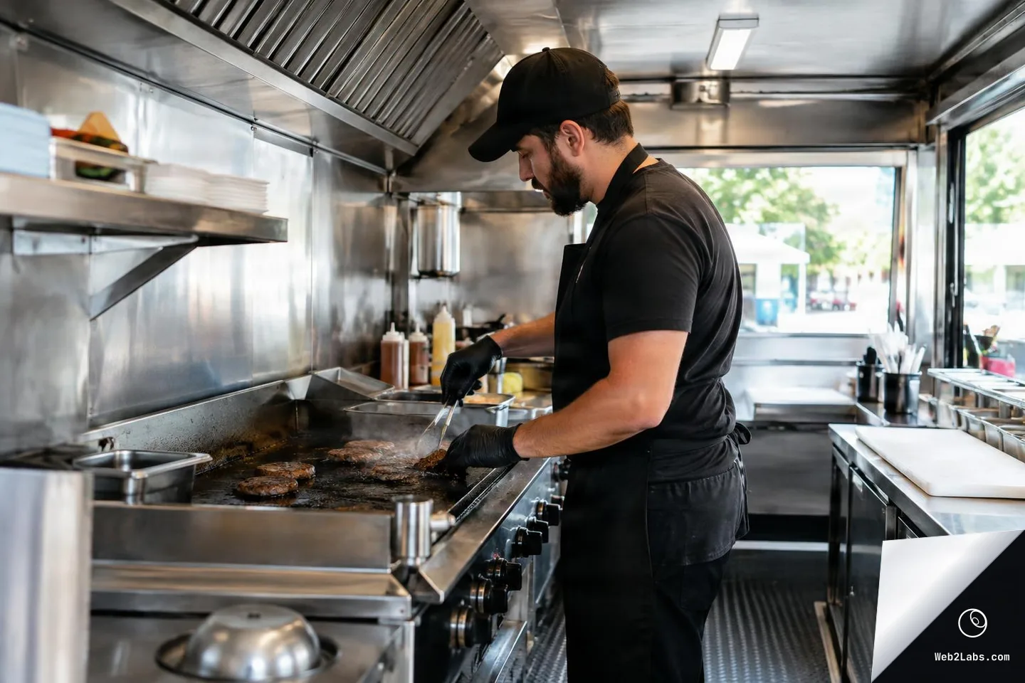 Cook in black uniform and cap grilling burger patties on a flat-top inside a stainless-steel food truck kitchen, with prep counters and daylight through the service window.