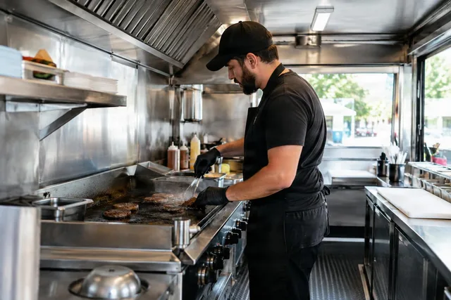 Cook Working Flat-Top in Food Truck