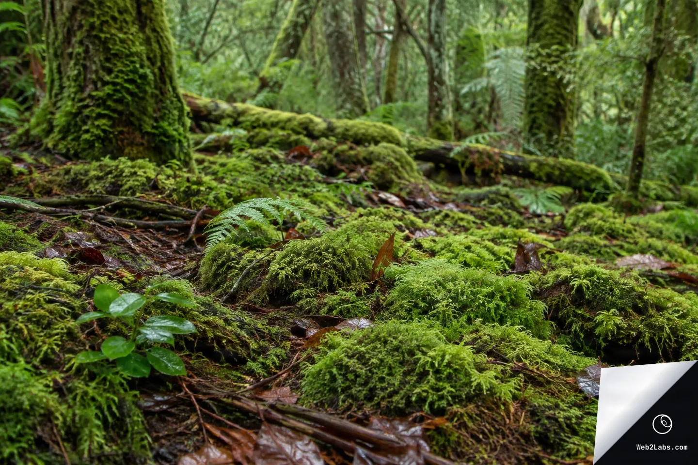 Low-angle view of a damp forest floor covered in bright green moss, scattered wet brown leaves, small ferns, and roots, with mossy tree trunks and soft-focus woodland in the background.