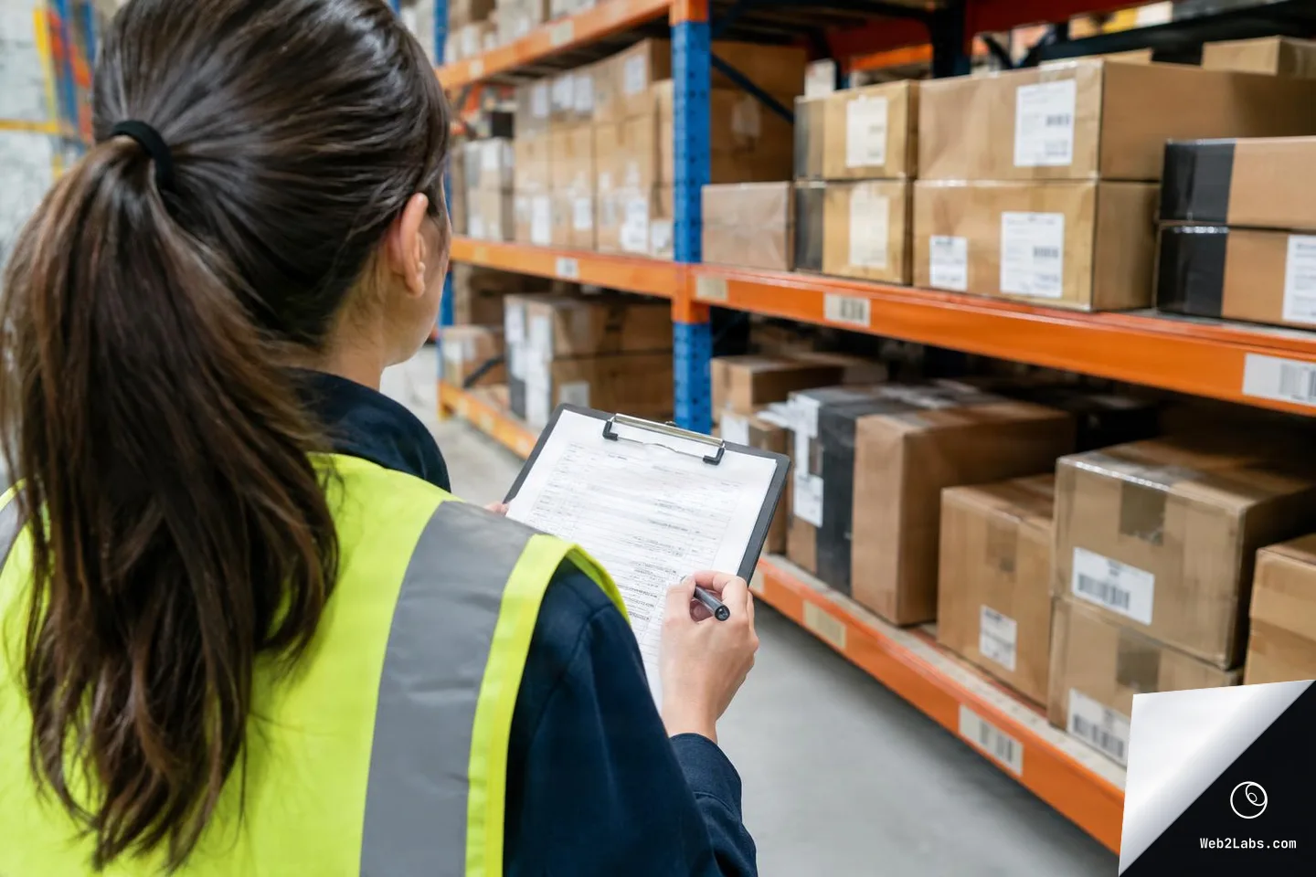 Over-the-shoulder view of a warehouse worker in a high-visibility vest holding a clipboard and pen while checking boxes on storage shelves.
