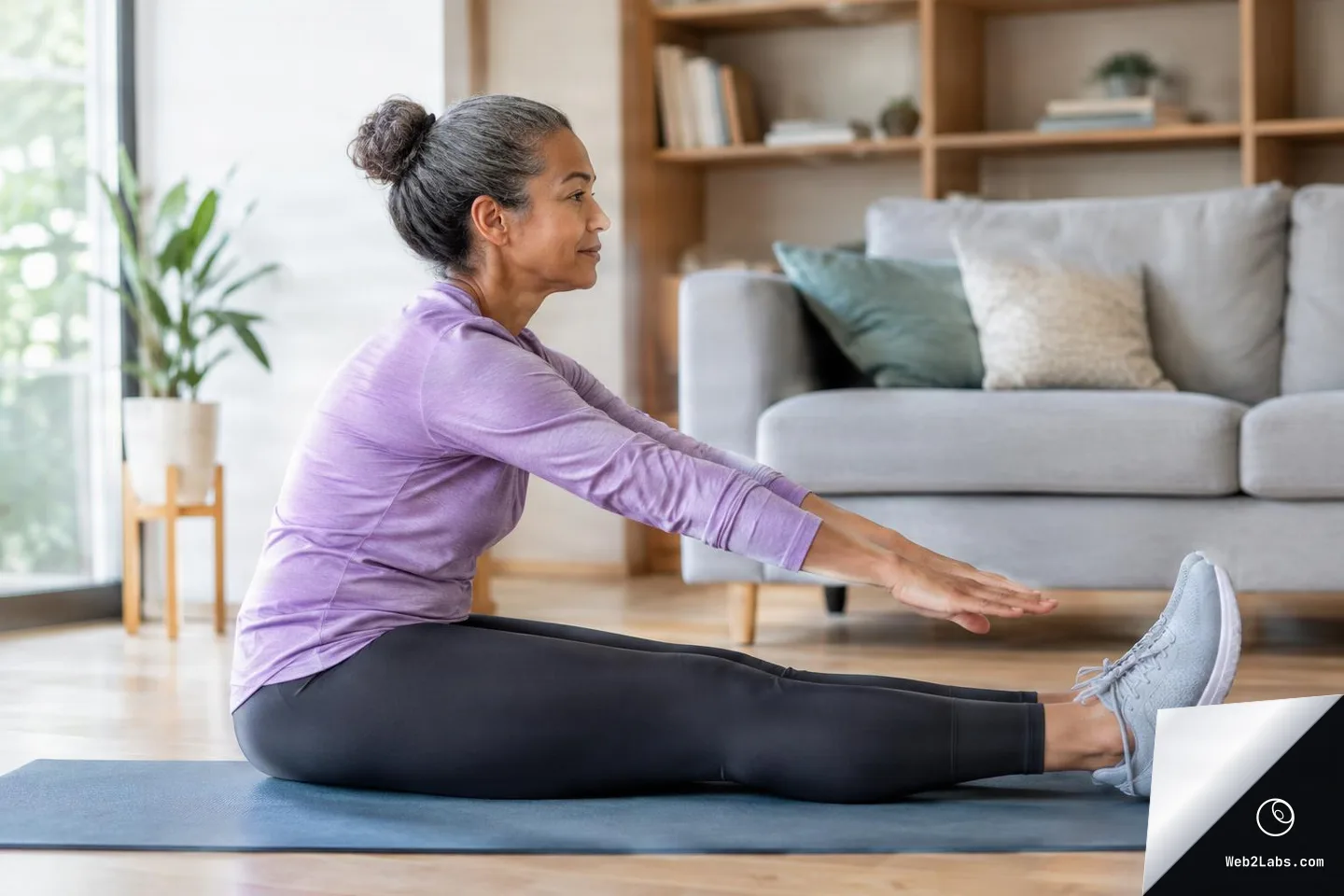 Side view of an older woman sitting on a yoga mat in a living room, legs extended forward, reaching toward her feet in a gentle hamstring stretch.