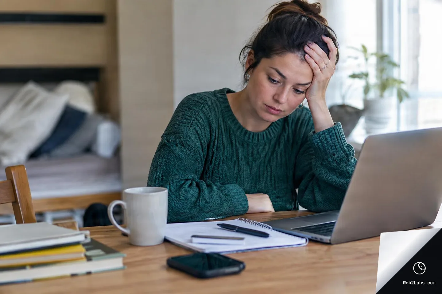 Woman in a green sweater sits at a wooden table with a laptop and notebook, leaning her head on her hand and looking down, with a coffee mug and phone on the table and a bed blurred in the background.