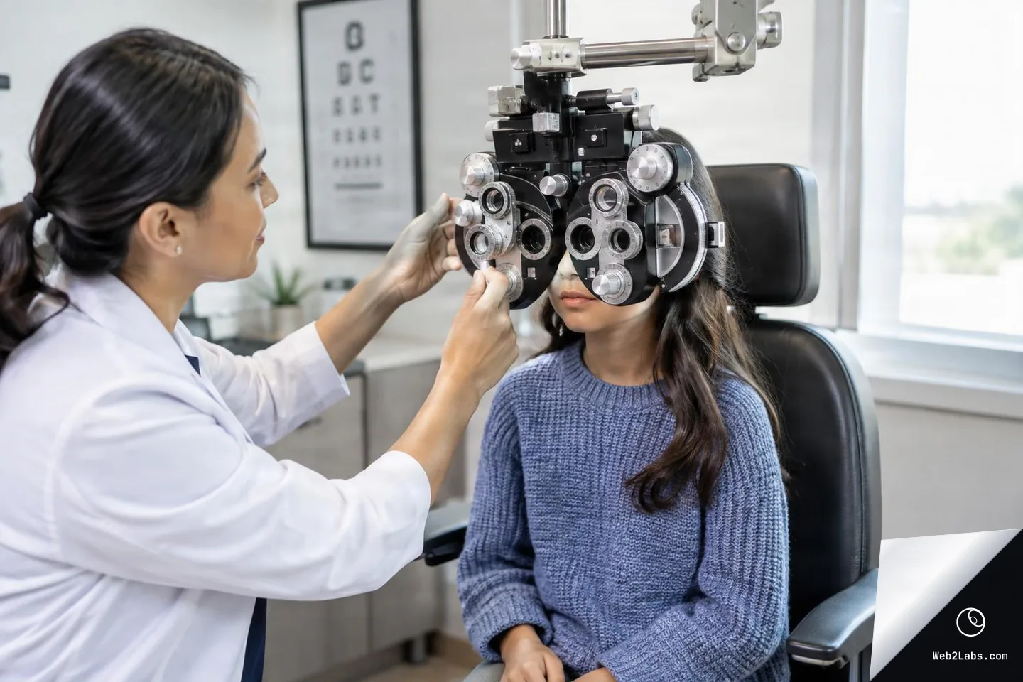 Optometrist in a white coat adjusts a phoropter on a seated young patient in an eye exam room, with a blurred eye chart on the wall and daylight coming through a window.