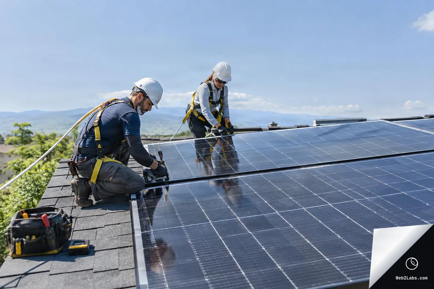 Two workers in hard hats and safety harnesses install solar panels on a shingled roof, with a tool bag in the foreground and mountains under a blue sky in the background.