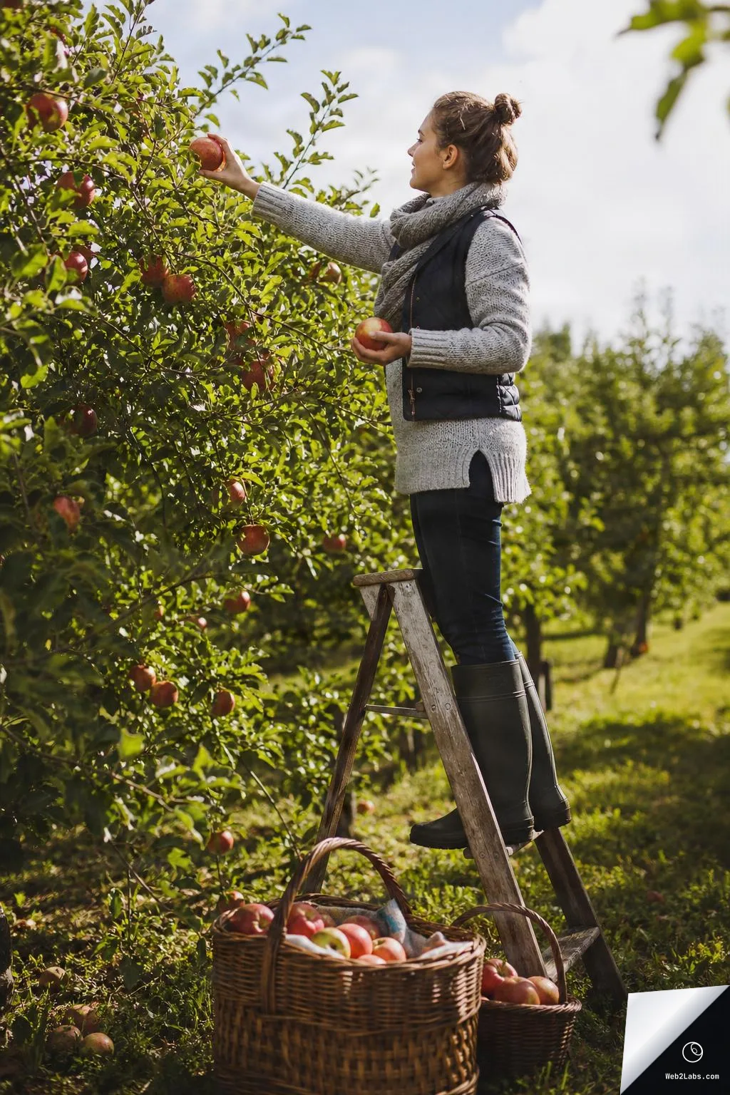 Woman standing on a wooden ladder picking red apples from an orchard tree, holding an apple in one hand with baskets of apples on the grass below under a bright sky.