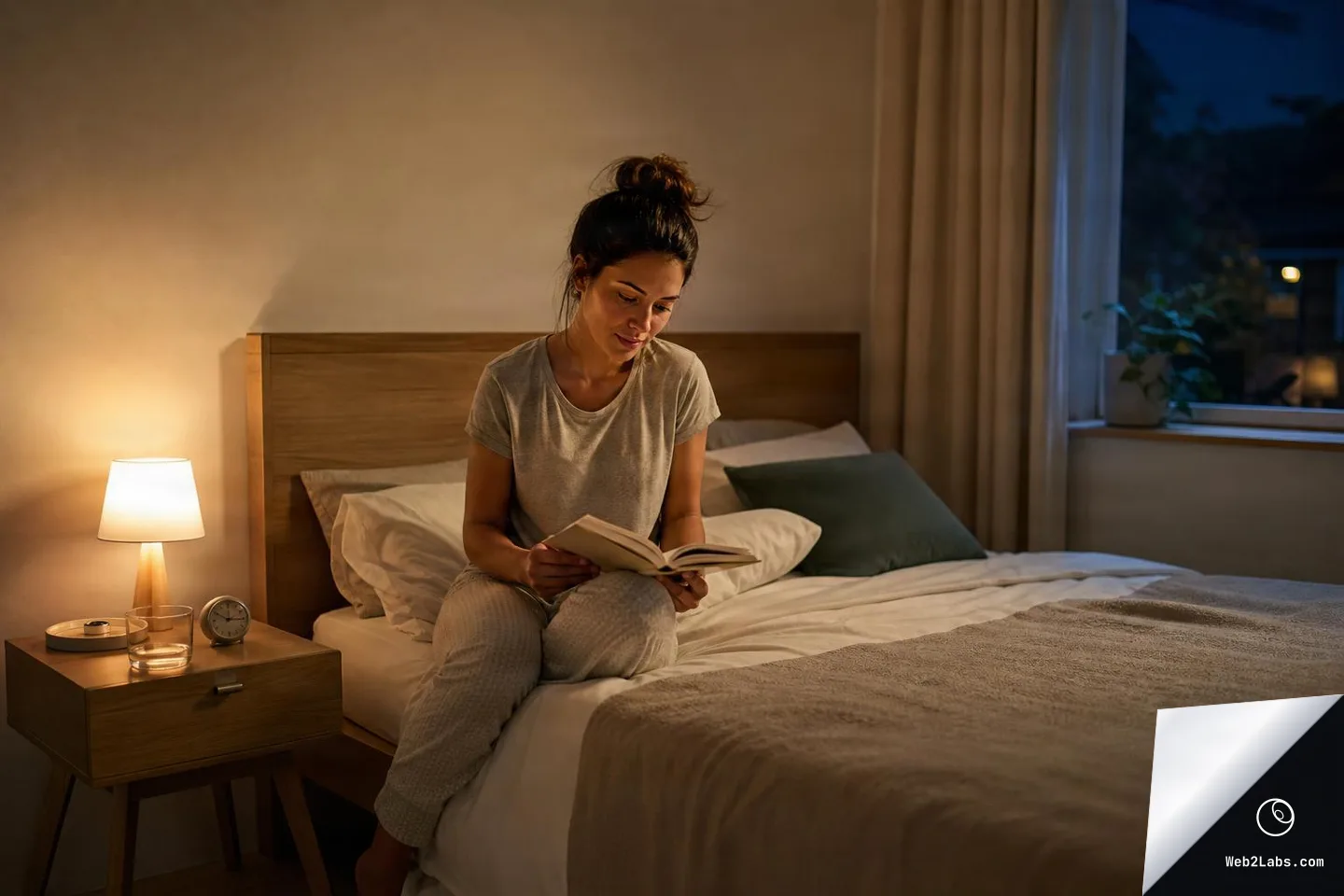 Woman in pajamas sits on a bed reading a book beside a lit bedside lamp, with a nightstand holding a glass of water and an alarm clock, and a window showing night outside.