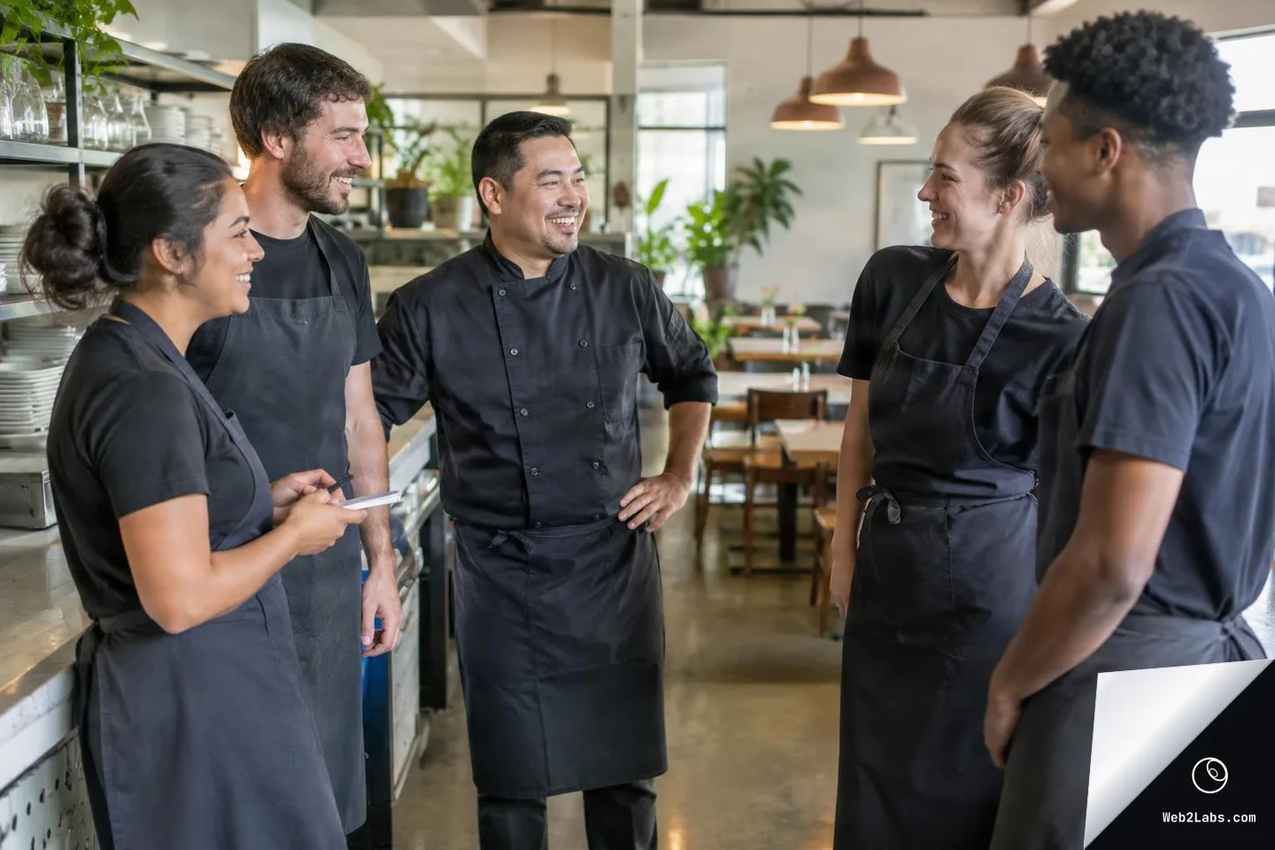 Five restaurant staff members in dark uniforms and aprons stand in a casual circle inside a modern restaurant, smiling and talking with tables and pendant lights in the background.