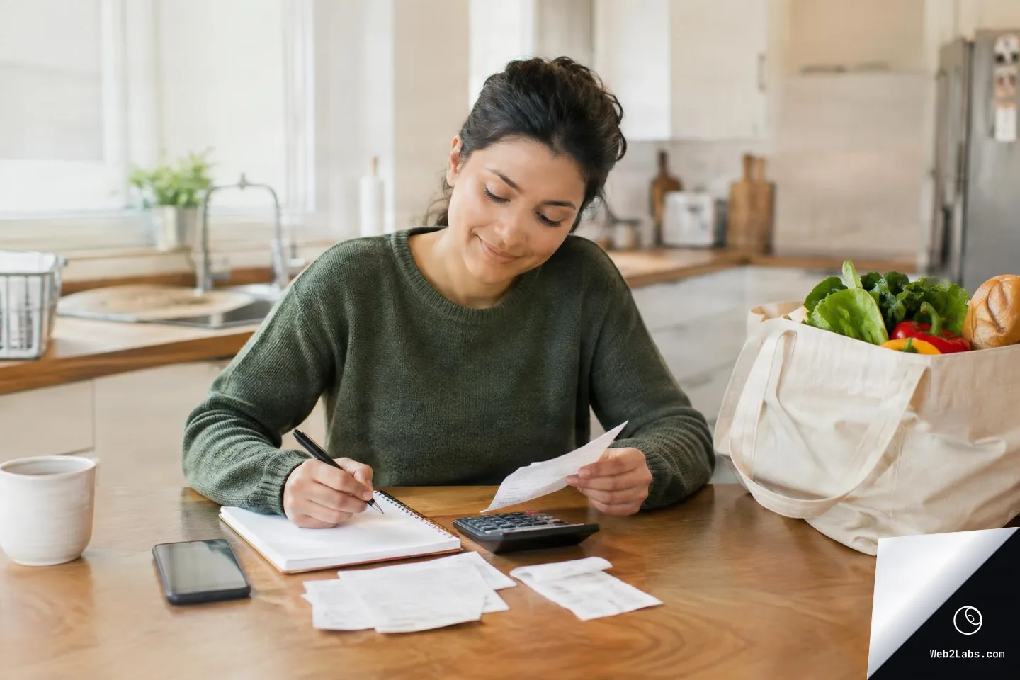 Woman in a bright kitchen writing in a notebook while holding a receipt, with a calculator, scattered receipts, phone, coffee mug, and a reusable grocery tote filled with vegetables and bread on the table.