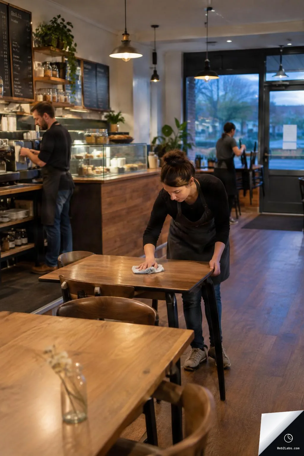 Cafe interior with three staff members preparing to open: a woman wipes a wooden table in the foreground, a barista works at the espresso machine on the left, and another worker tidies near the front door; menu boards and a pastry case are visible.