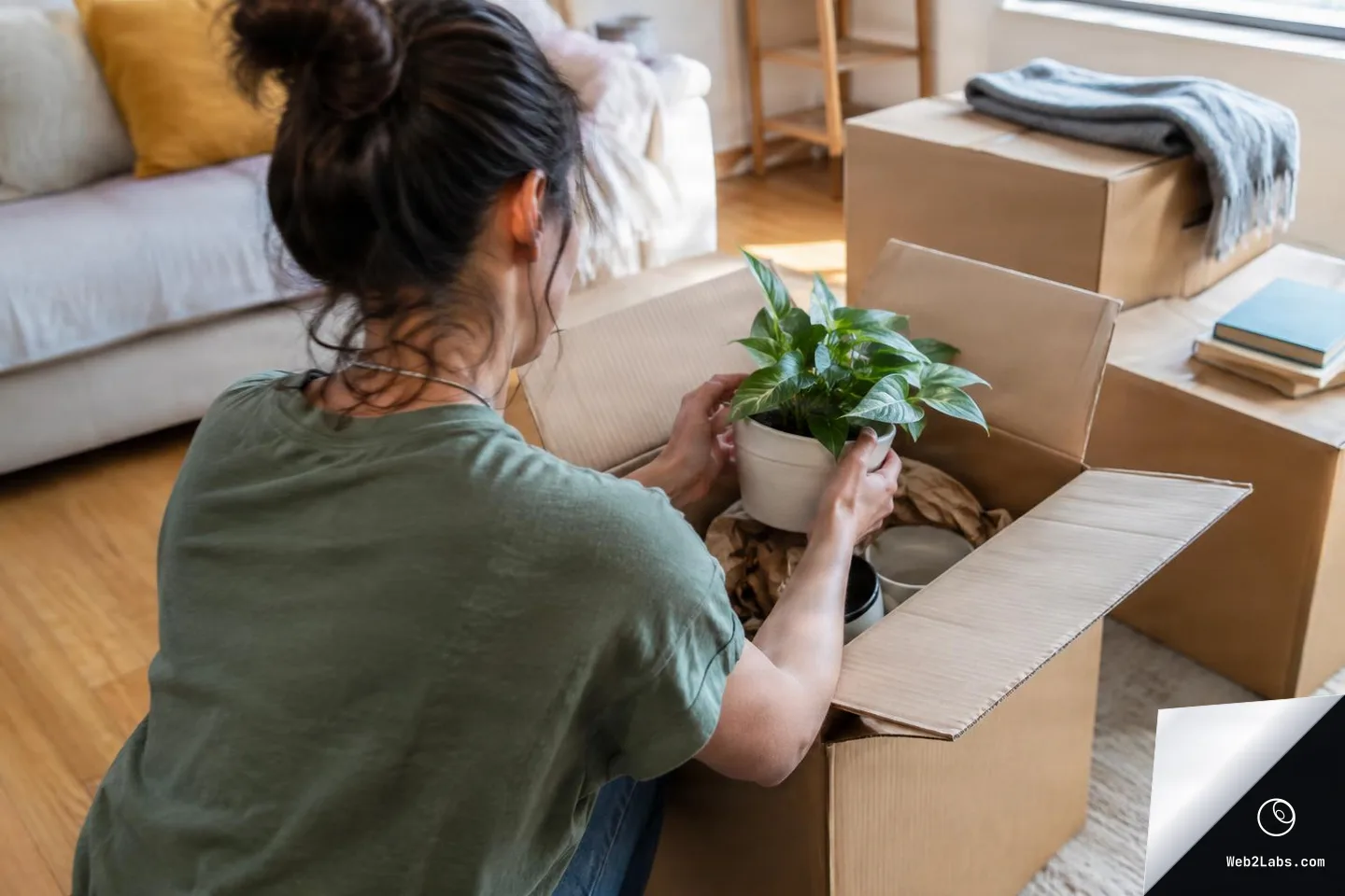 Over-the-shoulder view of a person kneeling by an open cardboard box, lifting out a potted green houseplant in a sunlit living room with other moving boxes nearby.