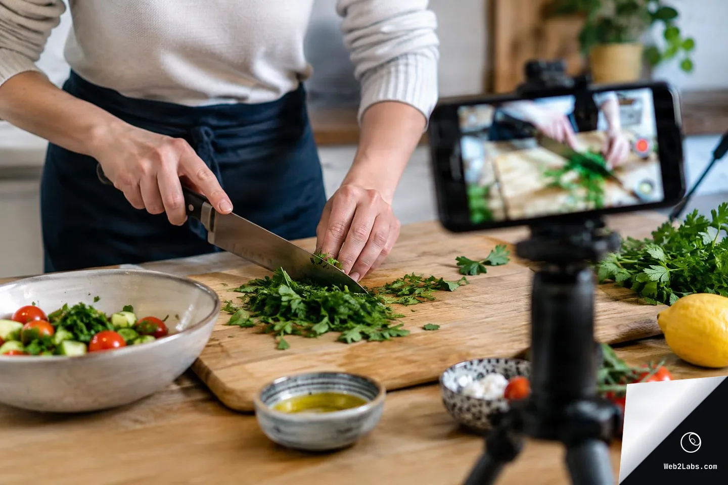 Person chopping fresh herbs on a wooden cutting board while a smartphone on a tripod records the action; bowls of salad ingredients, olive oil, and tomatoes sit on the counter.