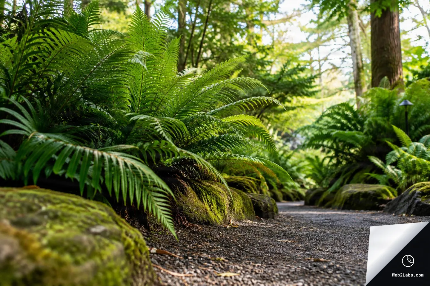 Ground-level view of a gravel garden path bordered by mossy rocks and dense bright green fern fronds, with sunlit trees softly blurred in the background.