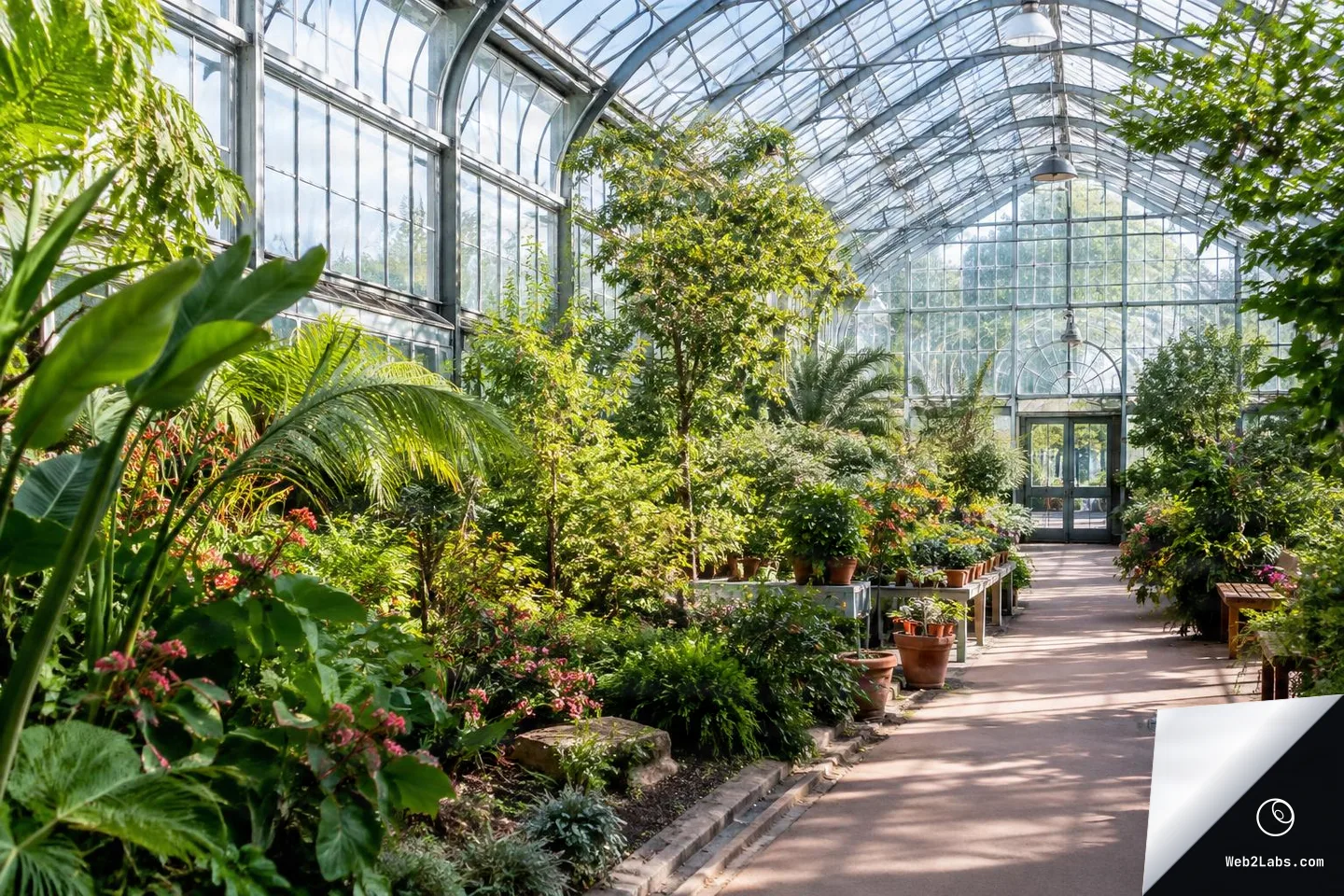 Wide view inside a large glass greenhouse with a sunlit walkway, dense green plants and flowers on both sides, and glass doors at the far end under an arched roof.