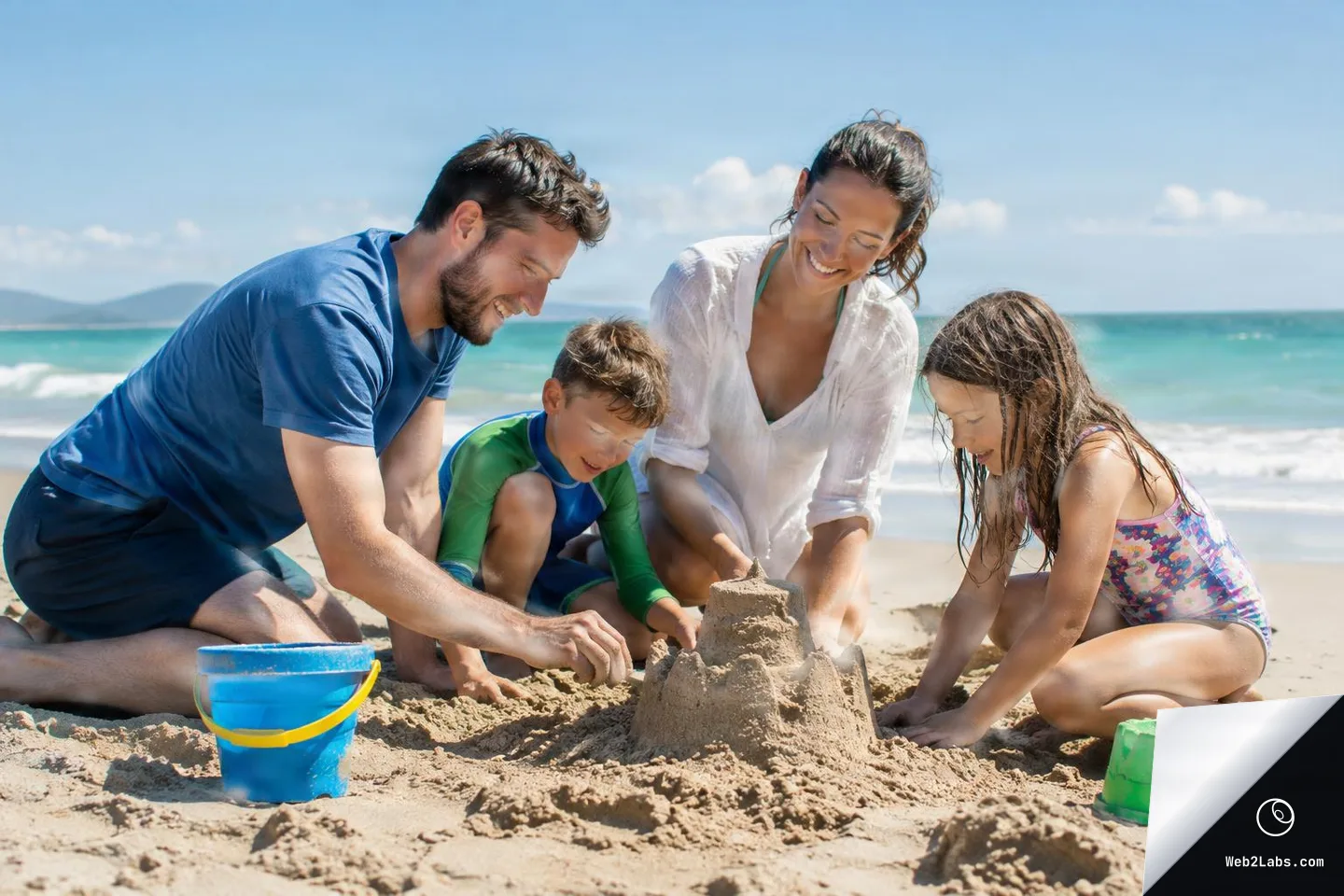 A mother, father, and two children kneel in the sand at a sunny beach while building a sandcastle, with the ocean and blue sky in the background and plastic sand buckets nearby.