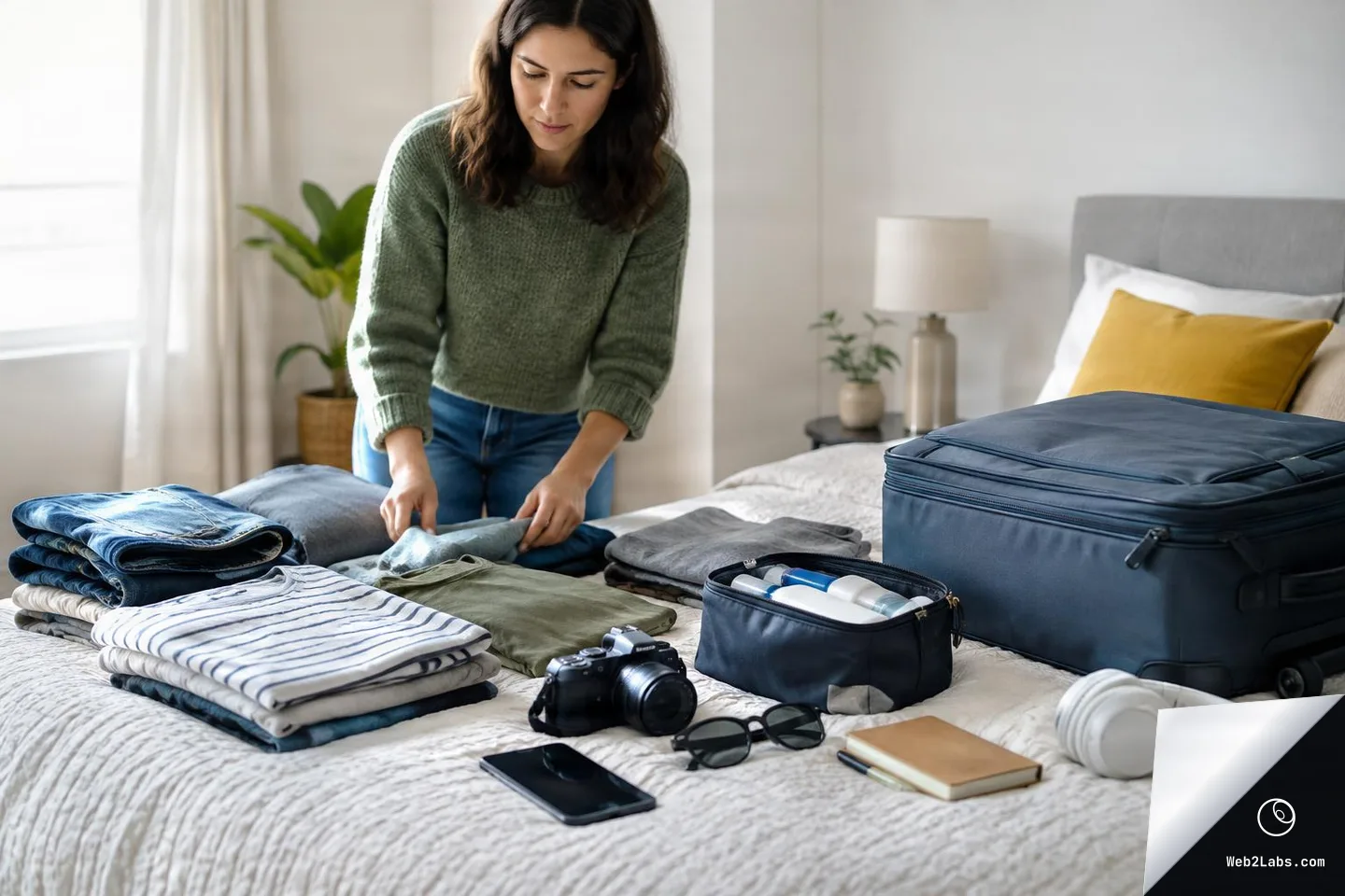 Woman folding clothes on a bed next to an open suitcase, with stacked shirts and jeans, a toiletry bag, camera, sunglasses, notebook, smartphone, and white headphones in a bright bedroom.