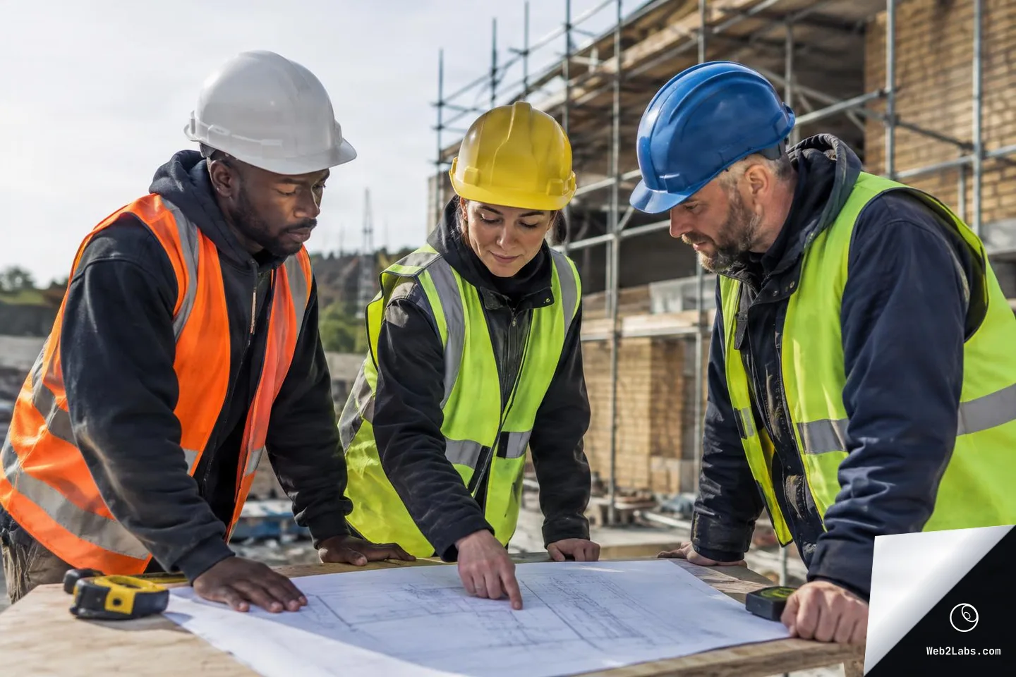 Three construction workers wearing hard hats and safety vests lean over a table and review a large blueprint at a building site with scaffolding behind them.