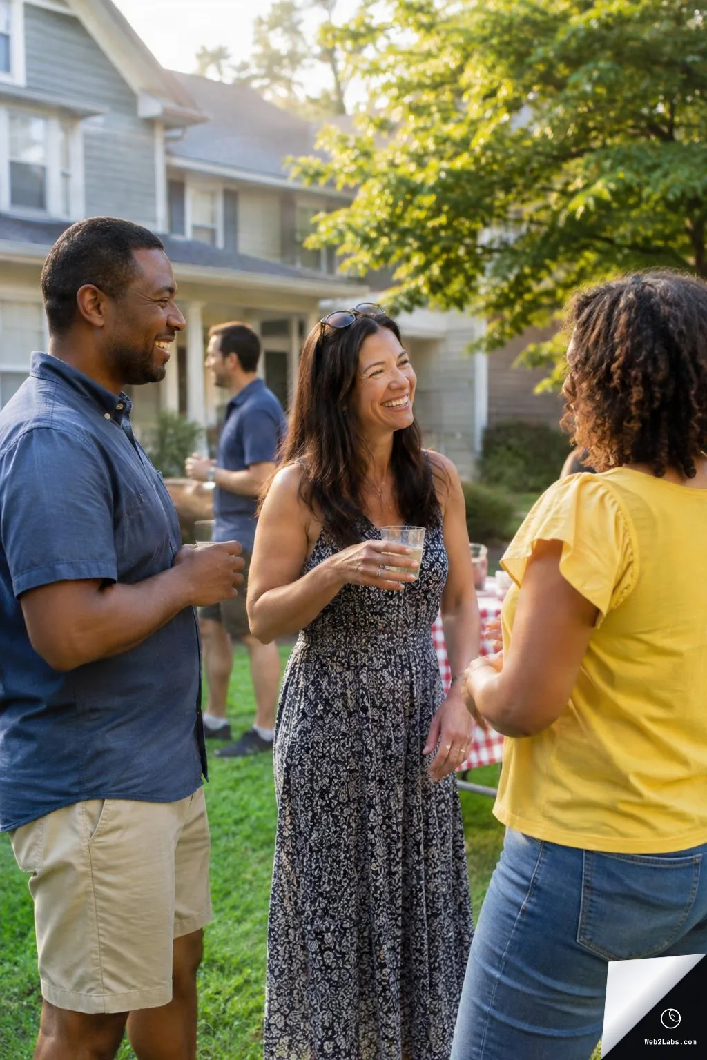 Three neighbors stand on a lawn chatting and laughing while holding drinks at a casual outdoor gathering in front of suburban houses.