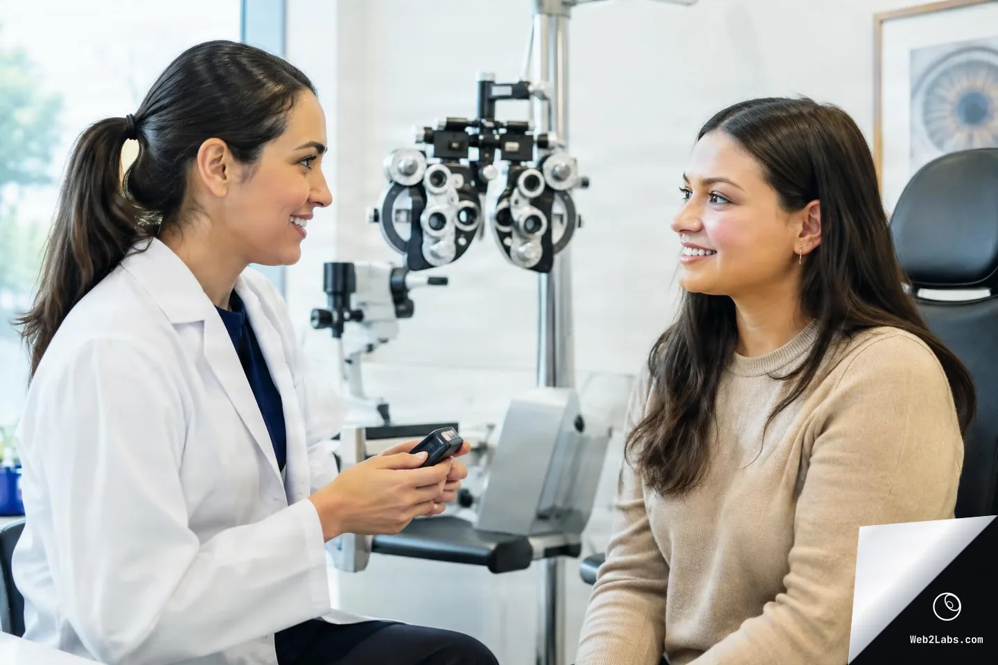 Optometrist in a white coat speaks with a smiling patient seated in an eye exam chair, with a phoropter and clinic equipment in the background.