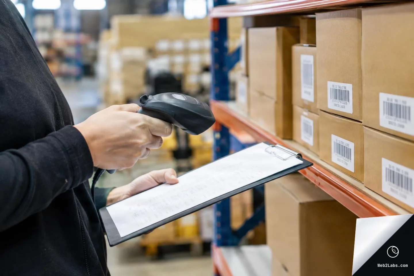 Hands holding a barcode scanner and a clipboard while scanning labeled cardboard boxes on a warehouse shelf