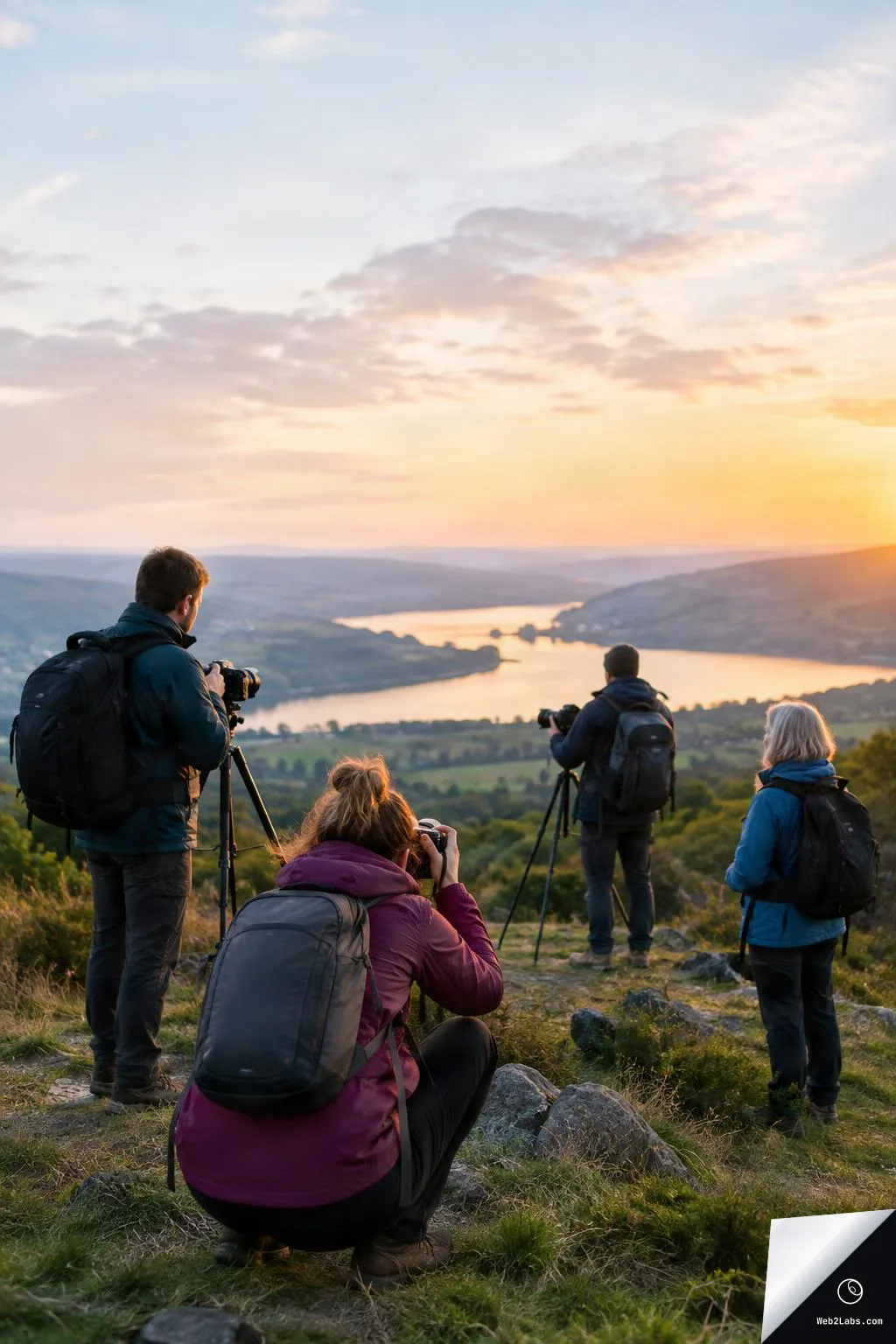 Four people with backpacks and cameras on tripods photograph a river valley from a rocky hillside at sunset, with a wide pastel sky above.