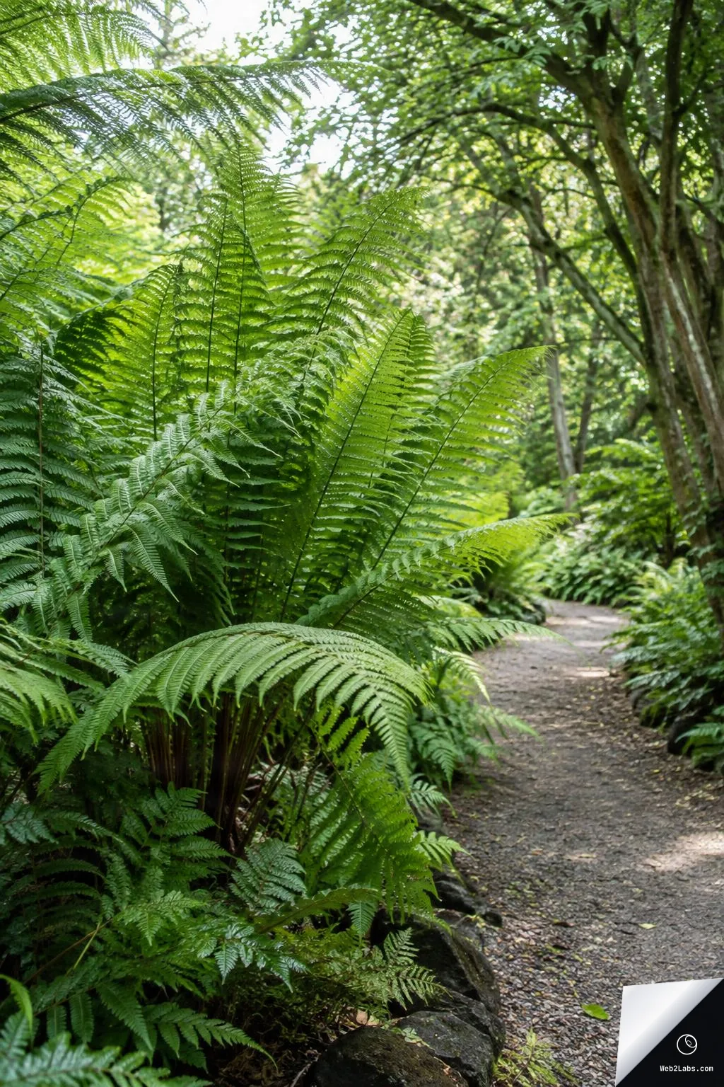A vertical photo of large green fern fronds growing beside a winding gravel path under leafy trees in a shaded garden.