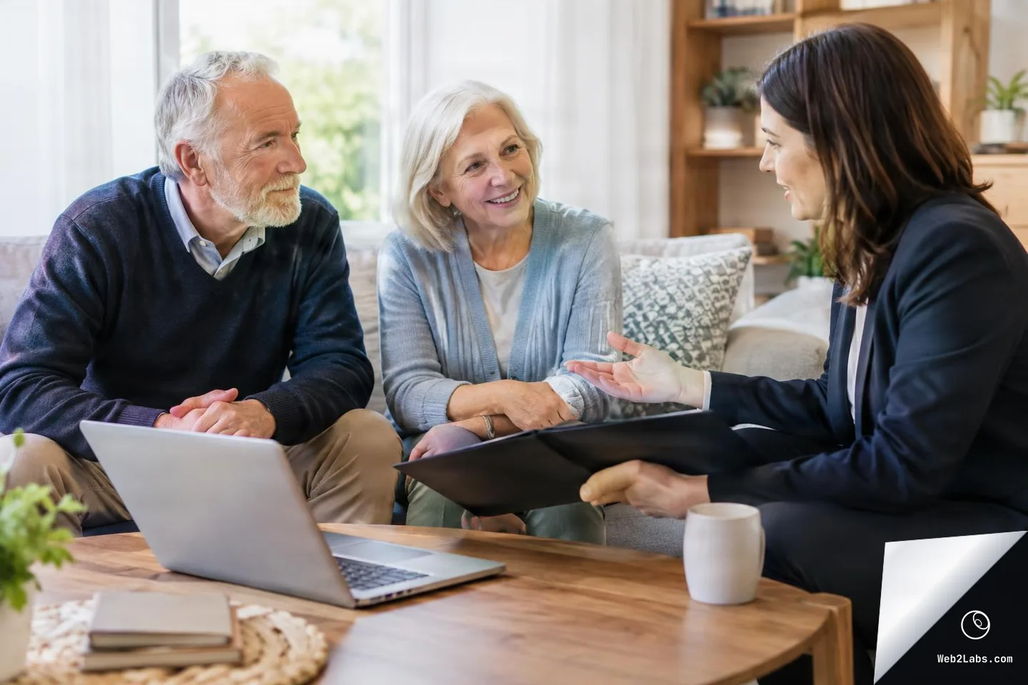 Older couple sitting on a sofa talking with a financial advisor holding a clipboard, with an open laptop on a coffee table in a bright living room.