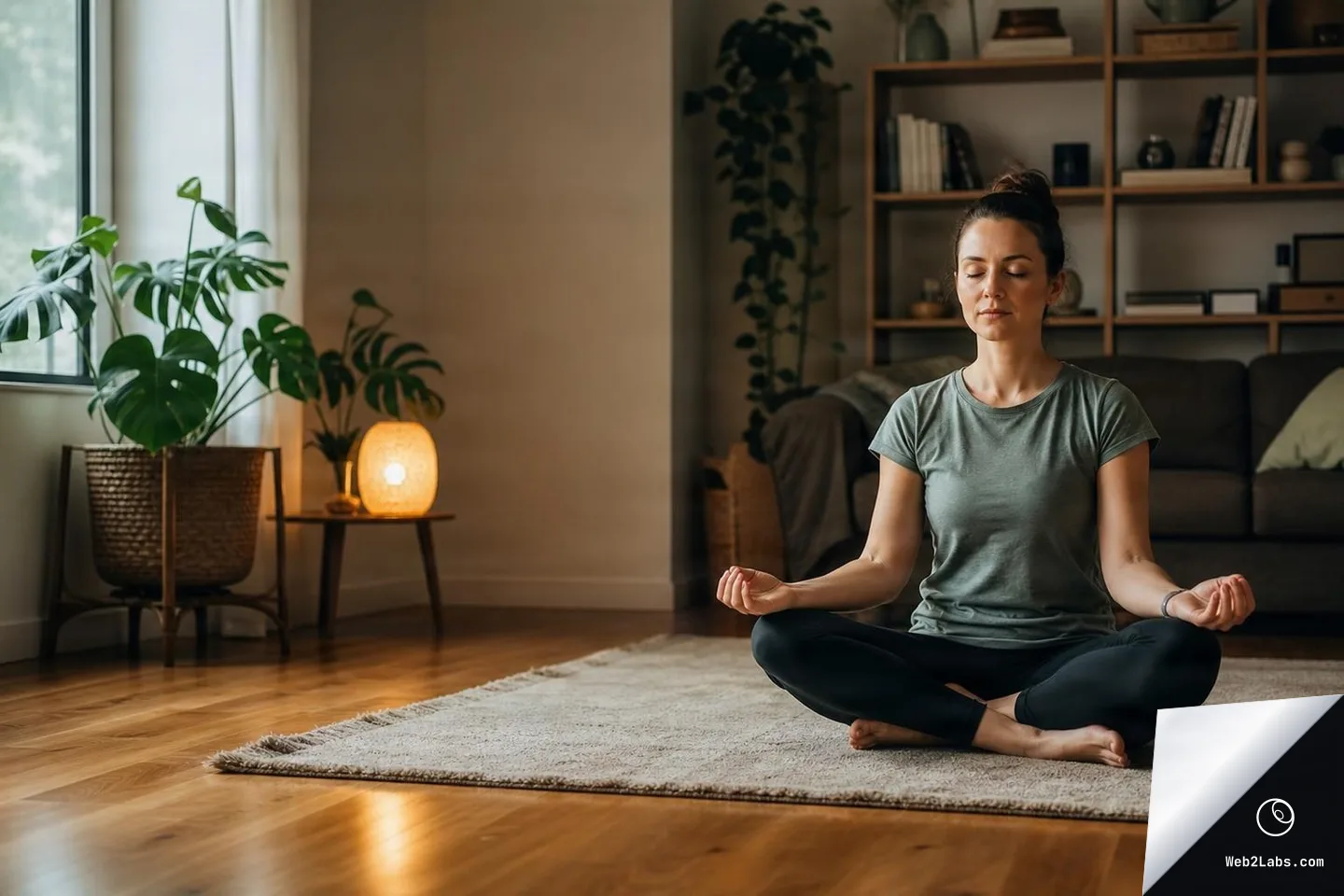 Woman sitting cross-legged on a rug meditating in a living room with a sofa, shelving unit, indoor plants, and a warm lamp near a window.