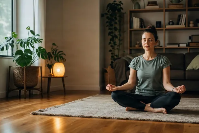 Woman Meditating in Cozy Living Room
