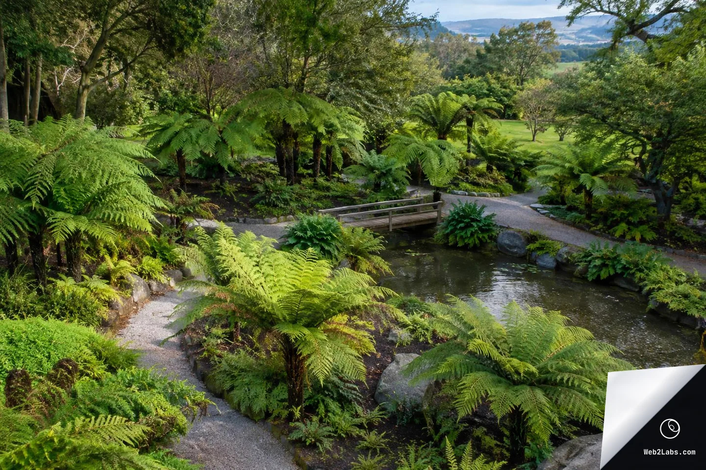 Elevated view of a landscaped fern garden with large tree ferns, a winding gravel path, a small wooden footbridge crossing a pond, and trees with distant hills in the background.