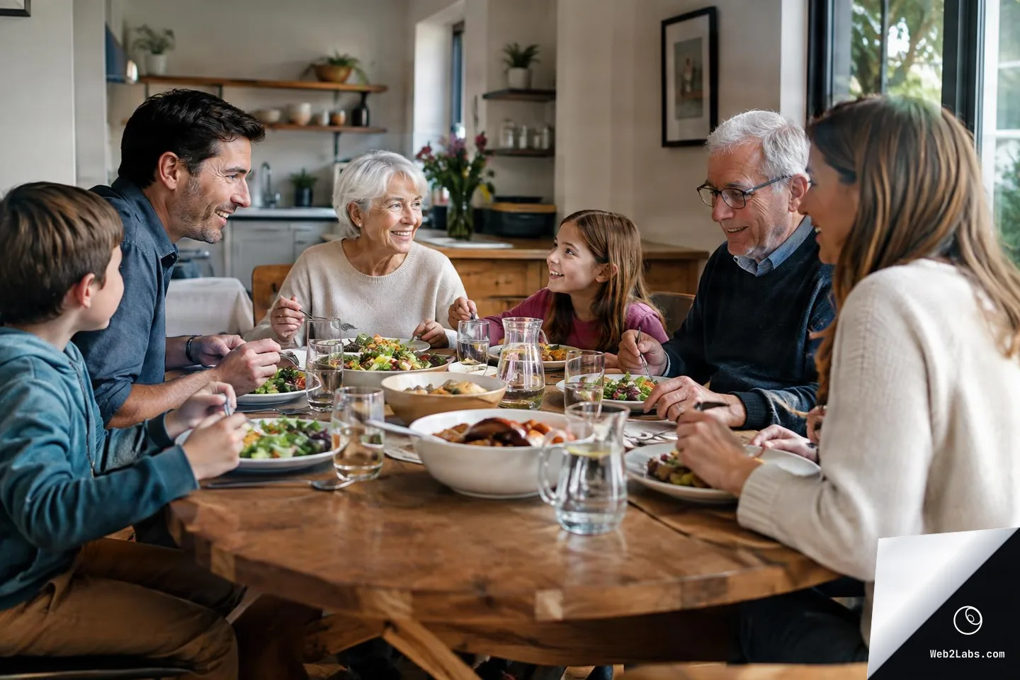 Three generations of a family sit around a wooden dining table in a home kitchen, smiling and talking while eating a meal with salad bowls, plates, and water glasses.