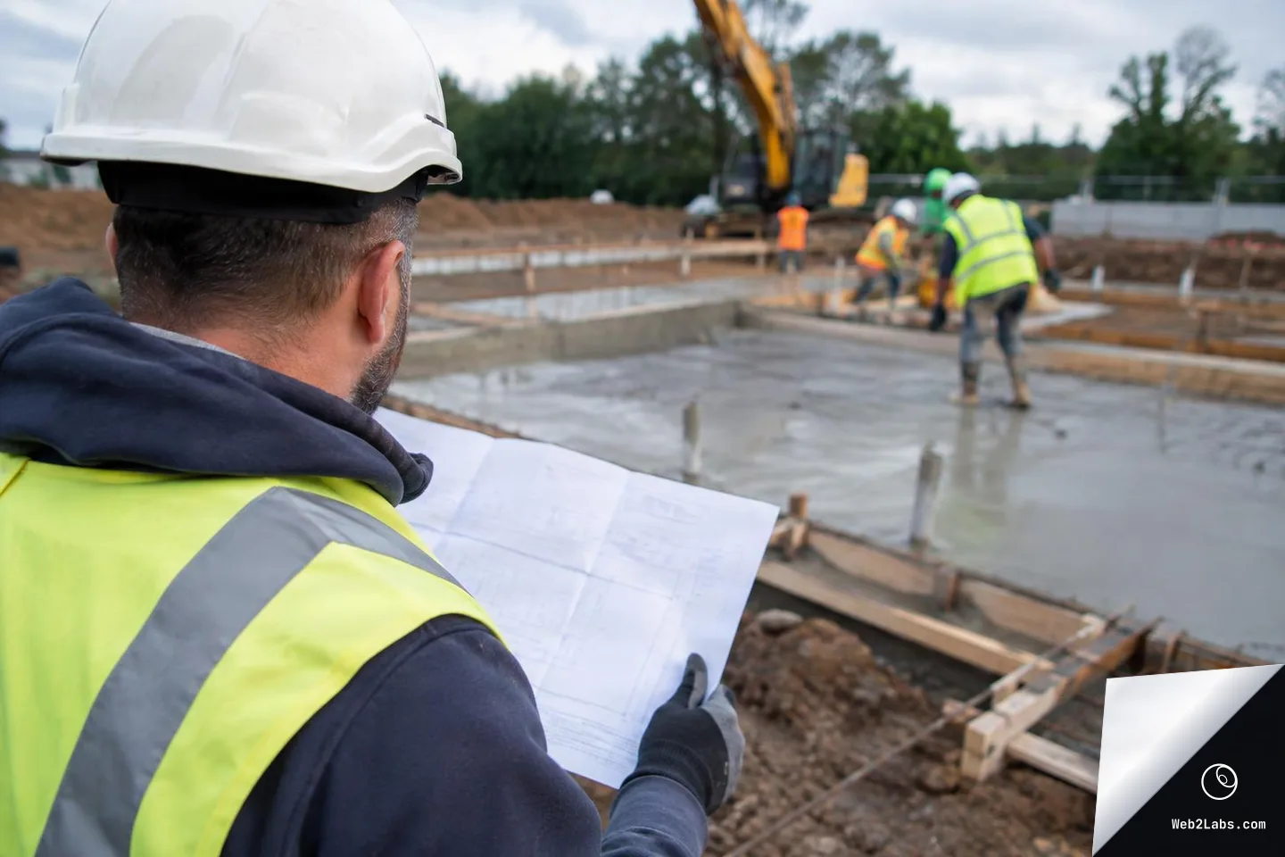 Over-the-shoulder view of a construction supervisor in a white hard hat and high-vis vest holding blueprints while workers level wet concrete near an excavator at a building site.